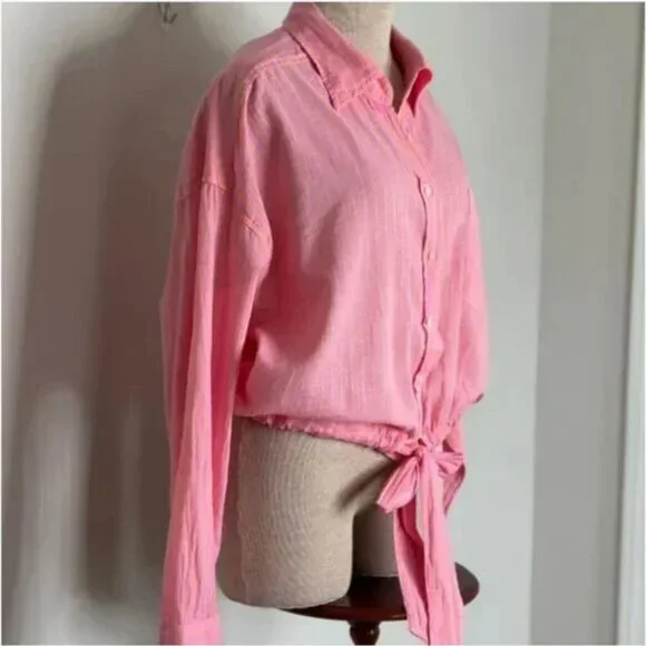 Xirena Women's Kytt Barbiecore Striped 100% Cotton Button-down Front Tie Medium - Picture 6 of 10